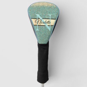 Gold Glittery Feathers Monogram on Turquoise       Golf Head Cover