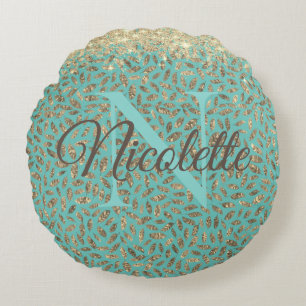 Gold Glittery Feathers Monogram on Turquoise  Round Pillow