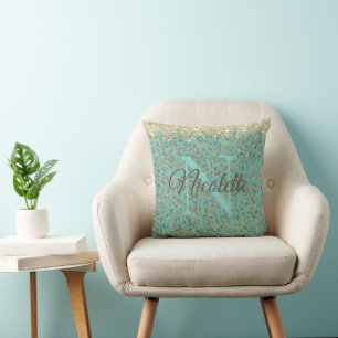 Gold Glittery Feathers Monogram on Turquoise Throw Pillow