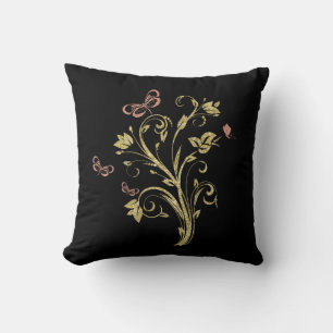 Gold Glittery Flowers & Pink Butterflies Throw Pillow