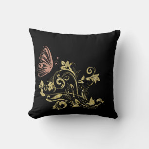 Gold Glittery Flowers & Pretty Pink Butterfly Throw Pillow