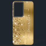Gold Glittery Foil Girly Signature Samsung Galaxy Case<br><div class="desc">Girly faux sparkly gold glitter highlights on the left edge, over a faux golden ombre brushed metal foil. The modern girly signature features an elegant white calligraphy font with decorative tails in a vertical format. Customize the font styles or move the sparkle graphics to create your own phone gear. The...</div>