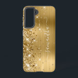 Gold Glittery Foil Girly Signature Samsung Galaxy Case<br><div class="desc">Girly faux sparkly gold glitter highlights on the left edge, over golden yellow ombre brushed metal foil. The modern girly signature features an elegant white calligraphy font with decorative tails in a vertical format. Customize the font styles or move the sparkle graphics to create your own phone gear. The extra...</div>