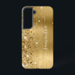 Gold Glittery Foil Girly Signature Samsung Galaxy Case<br><div class="desc">Girly faux sparkly gold glitter highlights on the left edge with a golden yellow ombre brushed metal foil. The modern girly signature features an elegant white calligraphy font with decorative tails in a vertical format. Customize the font styles or move the sparkle graphics to create your own phone gear. The...</div>