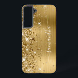 Gold Glittery Foil Girly Signature Samsung Galaxy Case<br><div class="desc">Girly faux sparkly gold glitter highlights on the left edge, over a faux golden ombre brushed metal foil. The modern girly signature features an elegant white calligraphy font with decorative tails in a vertical format. Customize the font styles or move the sparkle graphics to create your own phone gear. The...</div>