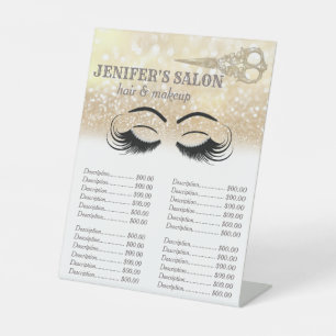 Gold glittery hair & makeup price list pedestal sign