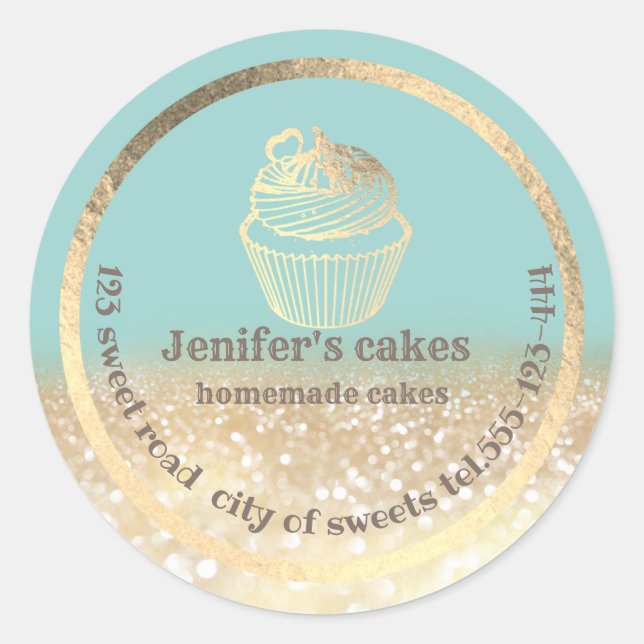 Gold glittery Homemade cakes and treats packaging Classic Round Sticker (Front)