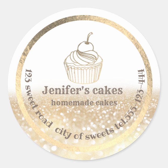 Gold glittery Homemade cakes and treats packaging Classic Round Sticker (Front)