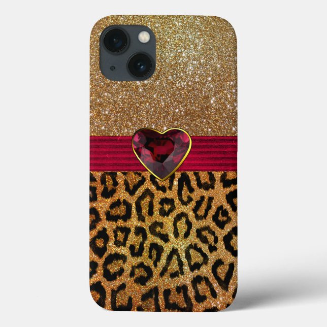 Gold Glittery Leopard Print and Ruby Heart Case-Mate iPhone Case (Back)