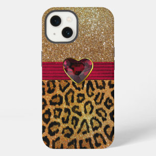 Gold Glittery Leopard Print and Ruby Heart iPhone 13 Case