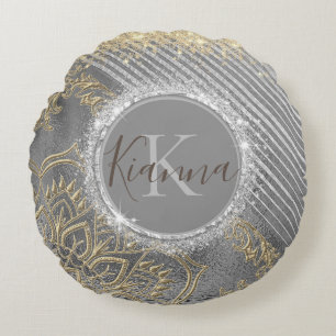 Gold Glittery Lotus Mandala on SIlver Monogram   Round Pillow