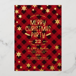Gold Glittery Snowflake Red Plaid Christmas Party