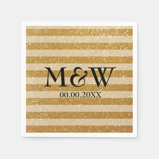 Gold glittery striped monogram wedding napkins (Front)