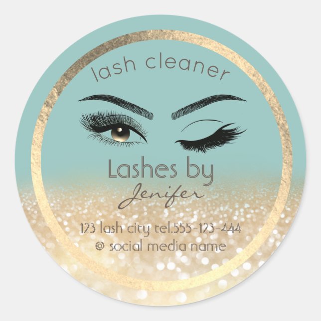 Gold glittery wink lash extension lash cleaner classic round sticker (Front)