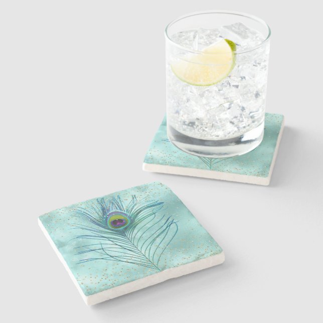Gold Glitz Aqua Peacock Feather Stone Coaster (Side)