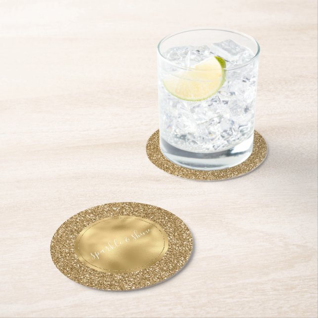 Gold Glitz Glam Glitter Sparkle Round Paper Coaster (Insitu)
