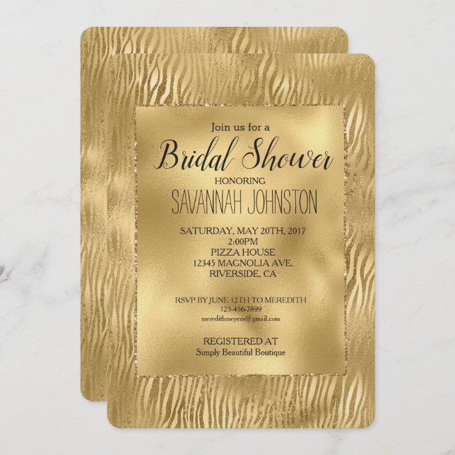 Gold Glitz Zebra Print Bridal Shower Invitation (Front/Back)