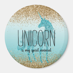 Gold Glitzy Aqua Turquoise Glitter Unicorn Quote Magnet