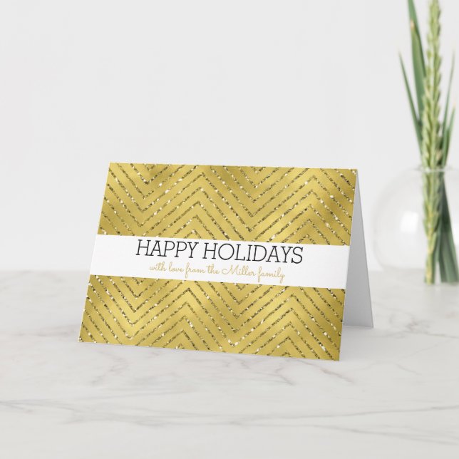 Gold Glitzy Chevron Stripes Christmas Holiday Card (Front)