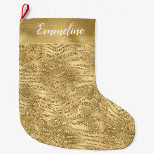 Gold Glitzy Glam Glitter Zebra Print Large Christmas Stocking