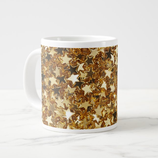 Gold Glitzy Glam Sparkle Stars Large Coffee Mug (Front Left)