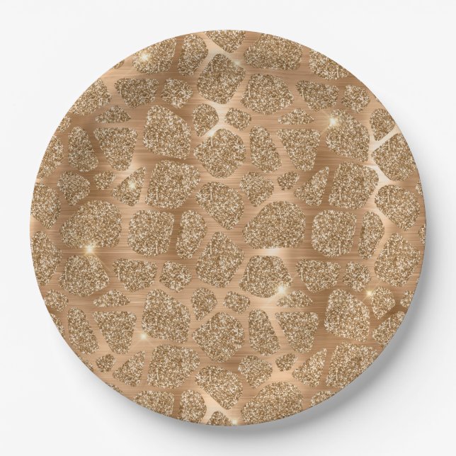 Gold Glitzy Glitter Giraffe Print Paper Plate (Front)