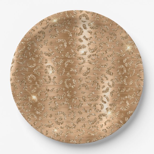 Gold Glitzy Glitter Leopard Print Paper Plate (Front)