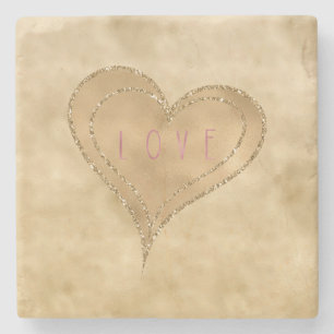 Gold Glitzy Glitter Love Heart Stone Coaster