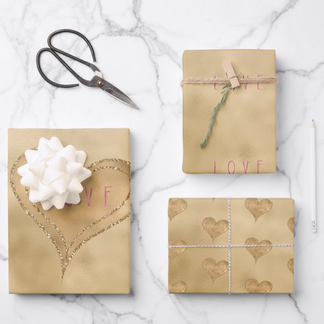 Gold Glitzy Glitter Love Heart Wrapping Paper Sheet (Front)