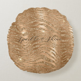 Gold Glitzy Glitter Zebra Print Round Pillow