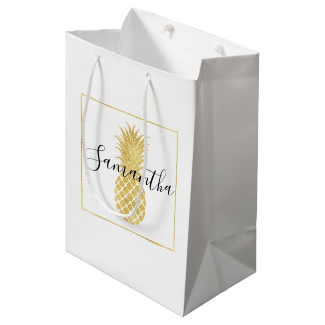 Gold Glitzy Pineapple Medium Gift Bag (Front Angled)