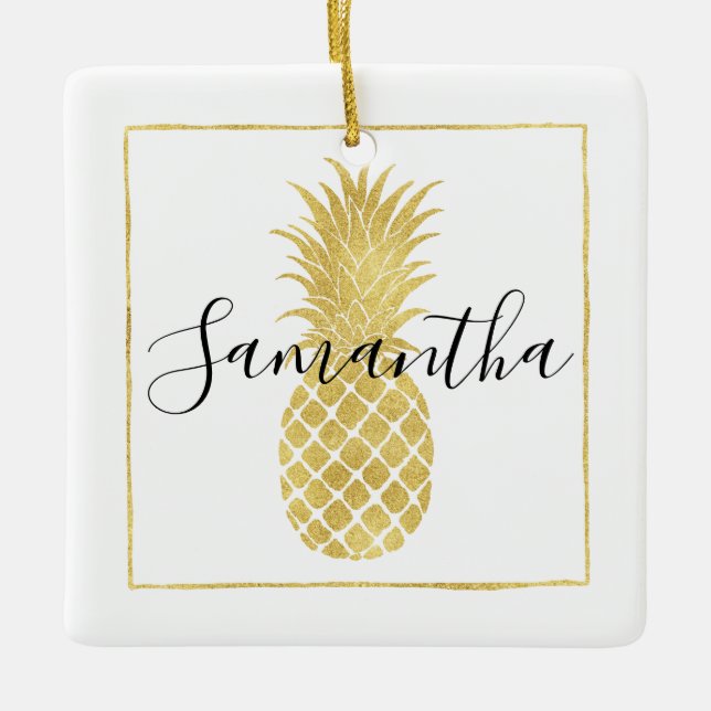 Gold Glitzy Pineapples Ceramic Ornament (Front)