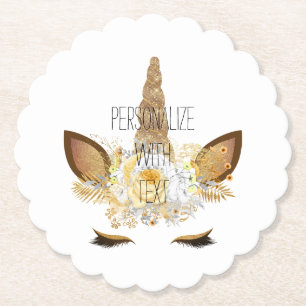 Gold Glitzy Sparkle Unicorn Paper Coaster