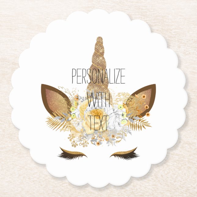 Gold Glitzy Sparkle Unicorn Paper Coaster (Front)