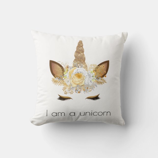 Gold Glitzy Sparkle Unicorn Throw Pillow (Front)