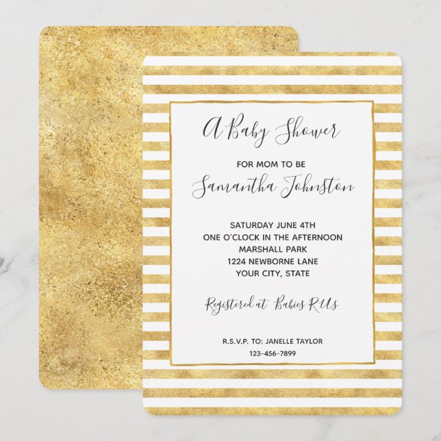 Gold Glitzy Stripes Baby Shower Invitation (Front/Back)