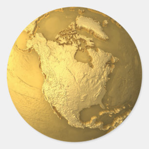 Gold Globe - Metal Earth. North America, 3d Render Classic Round Sticker