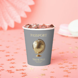 Gold Globe Passport Travel Baby Shower Paper Cups