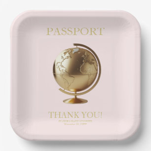 Gold Globe Passport Travel Baby Shower Paper Plate