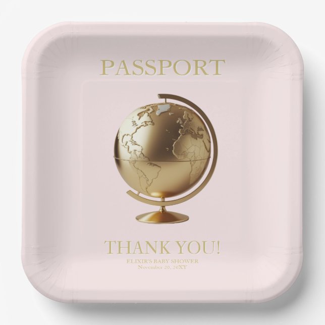 Gold Globe Passport Travel Baby Shower Paper Plate (Front)