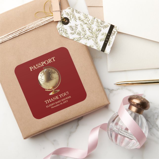 Gold Globe Passport Travel Baby Shower Square Sticker (Gifting)