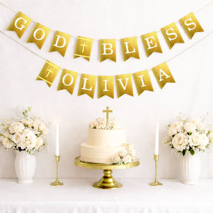 Gold God Bless 6 Letters Name Baptism Communion Bunting Flags