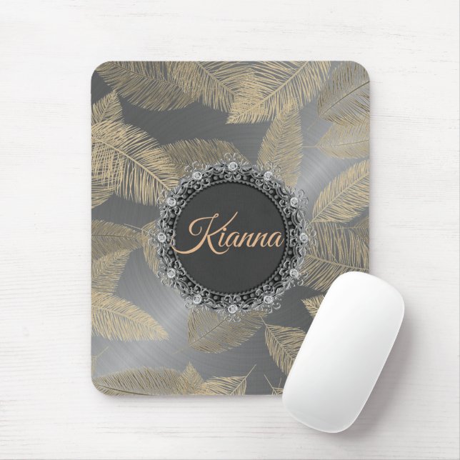 Gold Gold Feathers on Sleek Silver Personalized Mouse Pad (With Mouse)