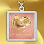 Gold goldfish on coral foil monogram | silver plated necklace<br><div class="desc">Coral foil background with a gold heart,  text and goldfish for you to personalize to your needs. Sparkle in every ripple!</div>