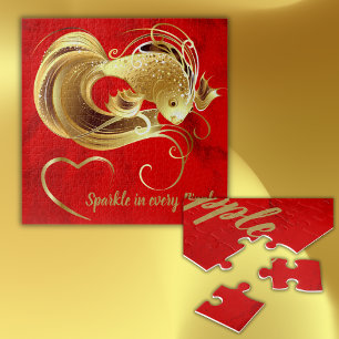 Gold goldfish on red foil monogram jigsaw puzzle