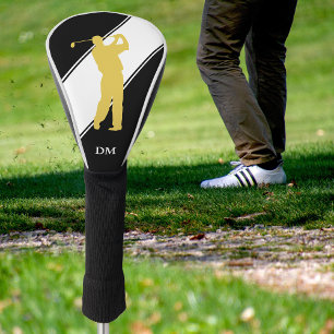 Gold Golfer on Black White Monogram Golf Head Cover