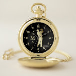 Gold Golfer Triple Monogram Pocket Watch<br><div class="desc">Here's an elegant monogram pocket watch that makes a wonderful gift for him for many occasions. It features a shiny gold silhouette golfer in full swing at the centre, with his triple monogram in matching gold running vertically at the left side. The numbers are also in gold, and everything is...</div>