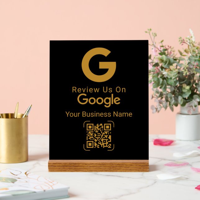 Gold Google Review QR Code Black Acrylic Sign (Wedding)