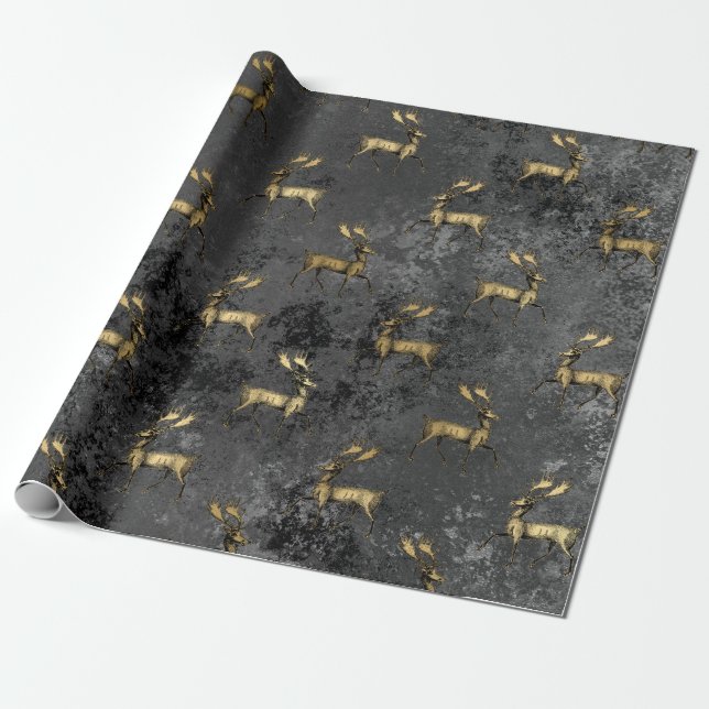Gold Gothic Grunge Christmas Reindeer Pattern Wrapping Paper (Unrolled)