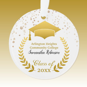 Gold Grad Cap and Laurel on White Grad Ornament